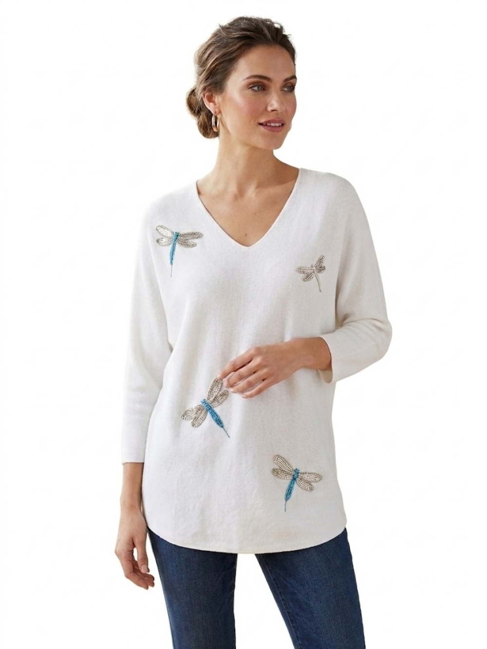 Liv Milano White V-Neck Sweater with Beaded Dragonfly Embellishments Size 1X - Picture 4 of 17
